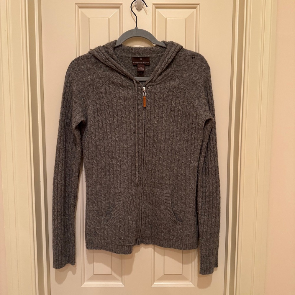100% Cashmere Hoodie Women M Grey Cable Knit Zip Up Sweater Classic Capsule